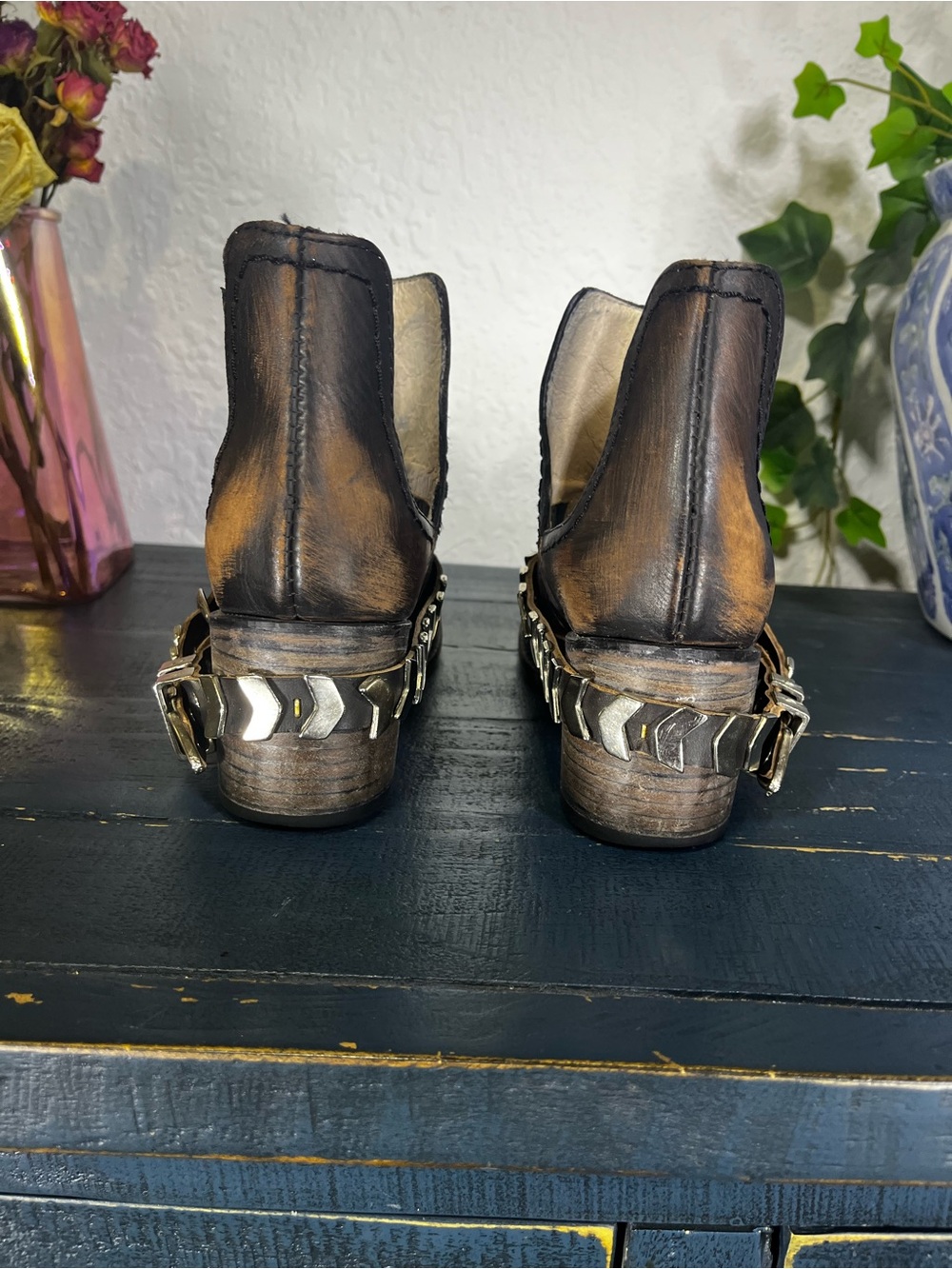 freebird Blade Black Leather Wooden Heeled Boots with Silver Buckle 8 - Picture 11 of 13